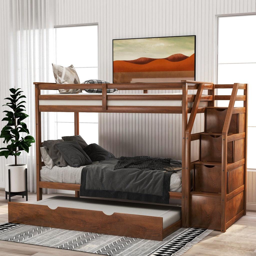 Walnut Twin Over Twin Bunk Bed with Trundle - FurniFindUSA