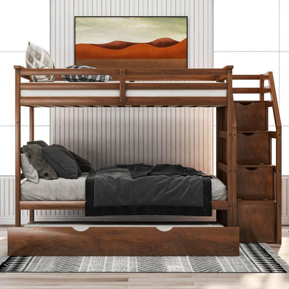 Walnut Twin Over Twin Bunk Bed with Trundle - FurniFindUSA