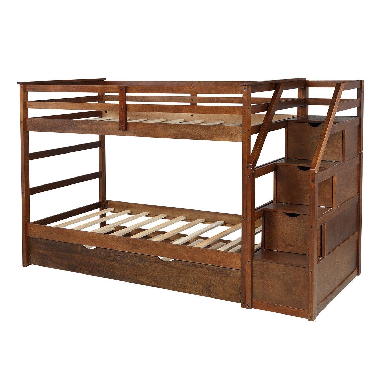 Walnut Twin Over Twin Bunk Bed with Trundle - FurniFindUSA