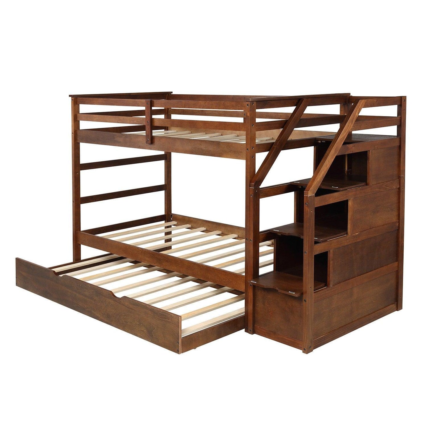 Walnut Twin Over Twin Bunk Bed with Trundle - FurniFindUSA