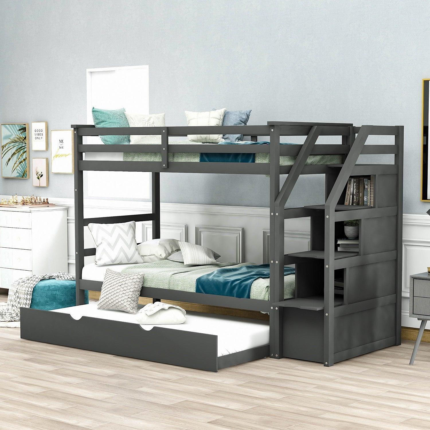 Gray Twin Over Twin Bunk Bed with Trundle - FurniFindUSA