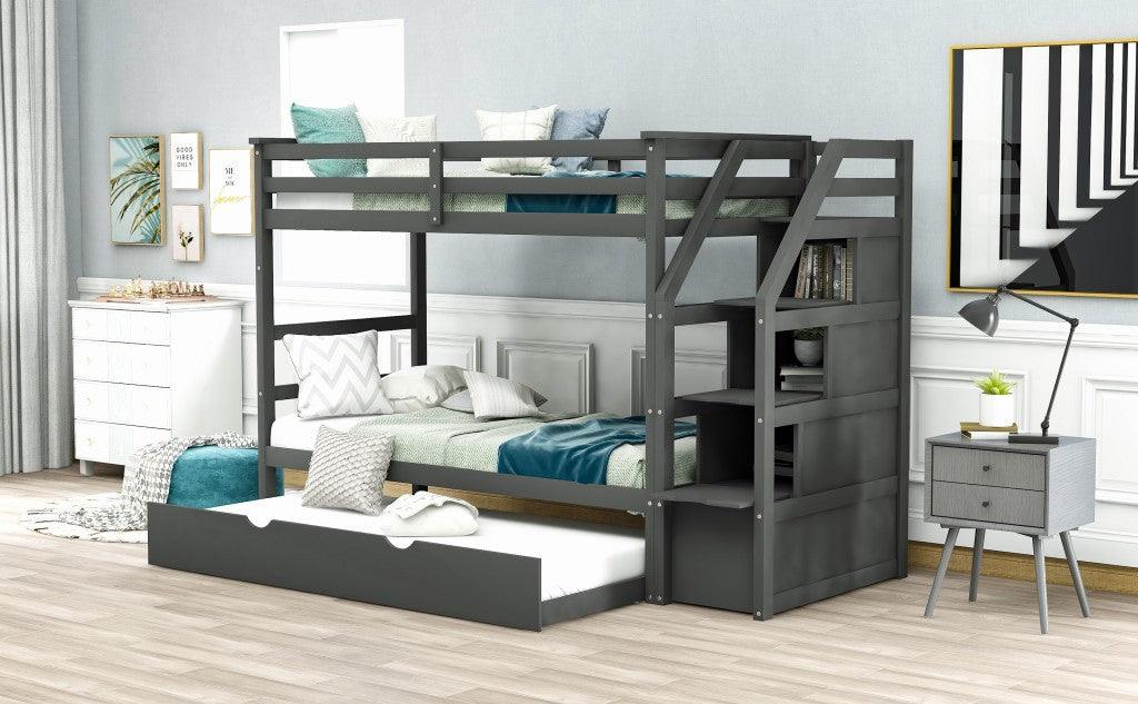 Gray Twin Over Twin Bunk Bed with Trundle - FurniFindUSA