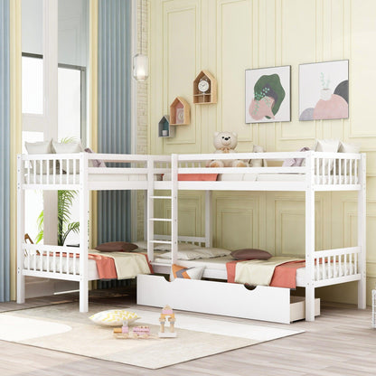 White Twin Size L Shaped Double Bunk Bed with Drawer - FurniFindUSA