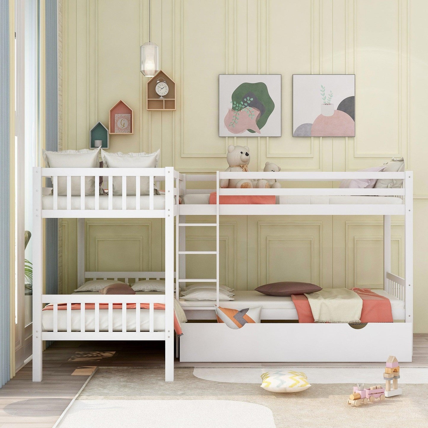 White Twin Size L Shaped Double Bunk Bed with Drawer - FurniFindUSA