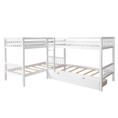 White Twin Size L Shaped Double Bunk Bed with Drawer - FurniFindUSA