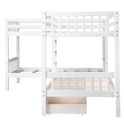 White Twin Size L Shaped Double Bunk Bed with Drawer - FurniFindUSA