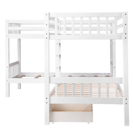 White Twin Size L Shaped Double Bunk Bed with Drawer - FurniFindUSA