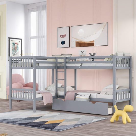 Gray Twin Size L Shaped Double Bunk Bed with Drawer - FurniFindUSA