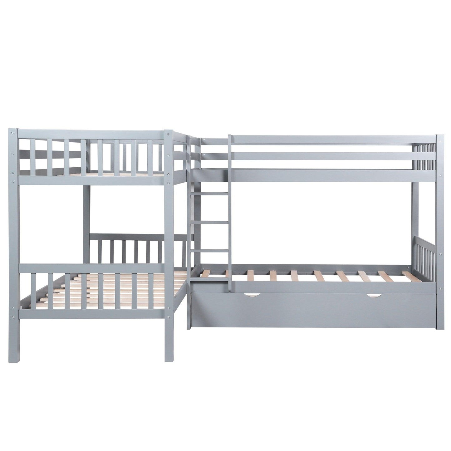 Gray Twin Size L Shaped Double Bunk Bed with Drawer - FurniFindUSA