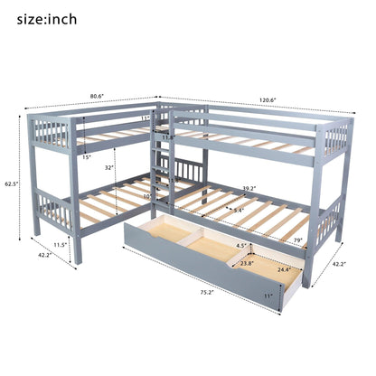 Gray Twin Size L Shaped Double Bunk Bed with Drawer - FurniFindUSA