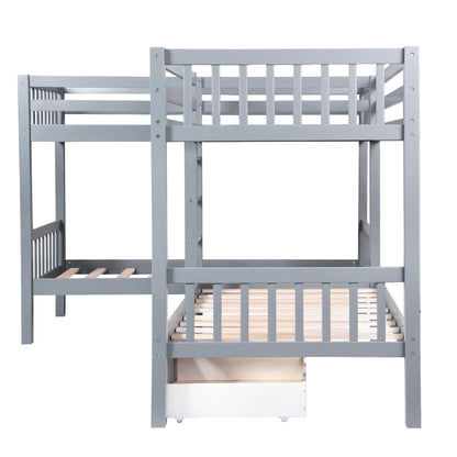 Gray Twin Size L Shaped Double Bunk Bed with Drawer - FurniFindUSA