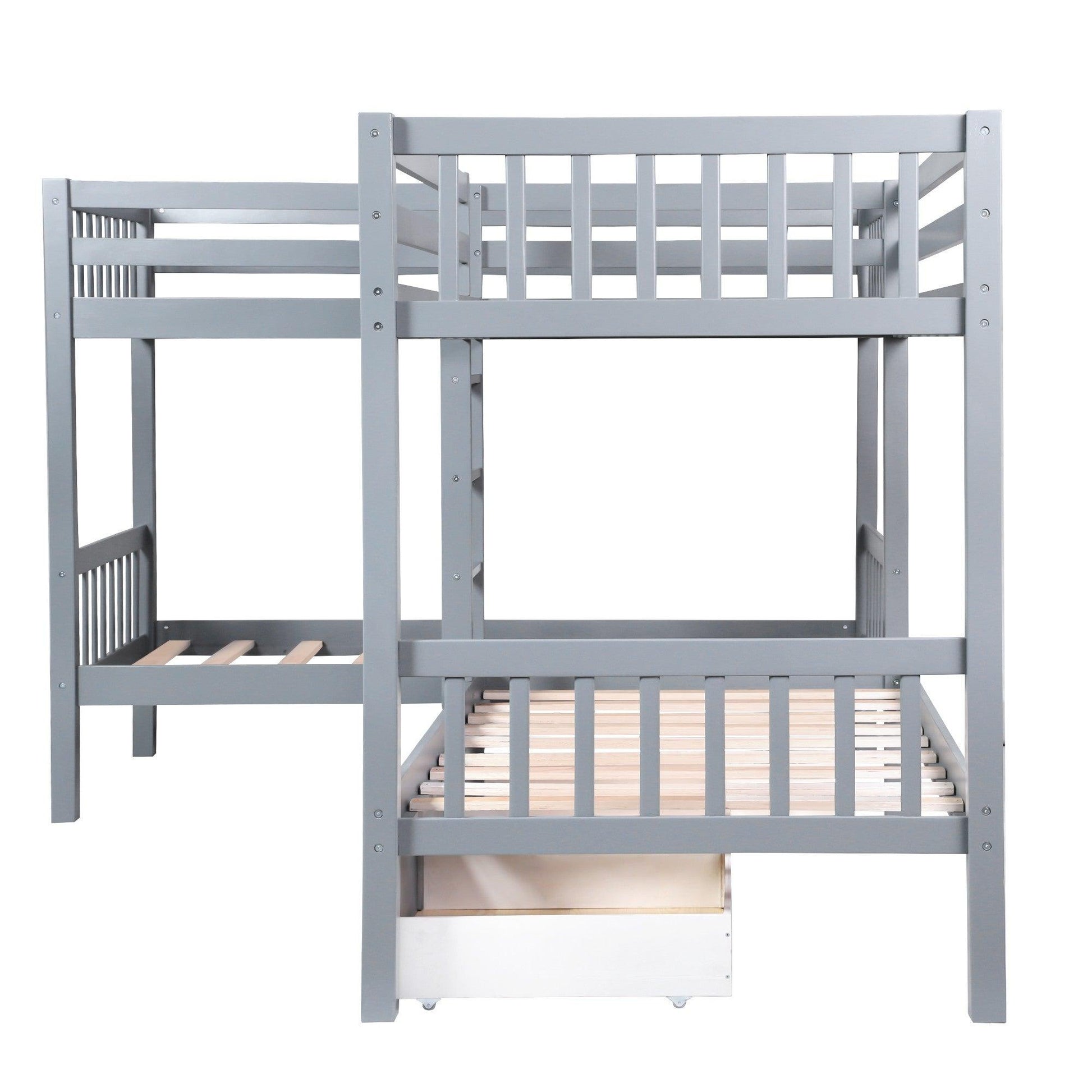 Gray Twin Size L Shaped Double Bunk Bed with Drawer - FurniFindUSA