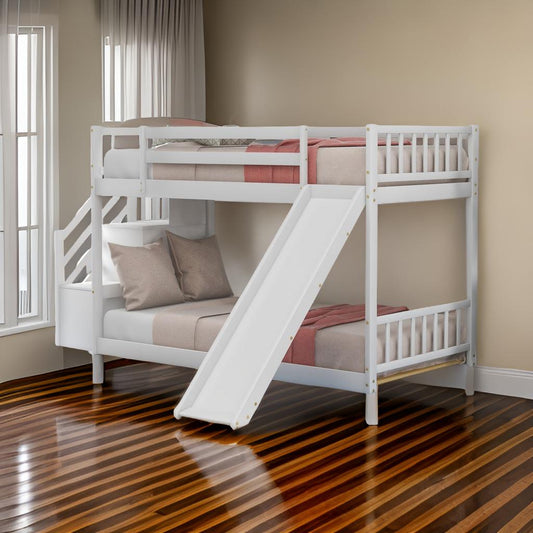 White Twin Over Twin Bunk Bed with Stairway and Slide