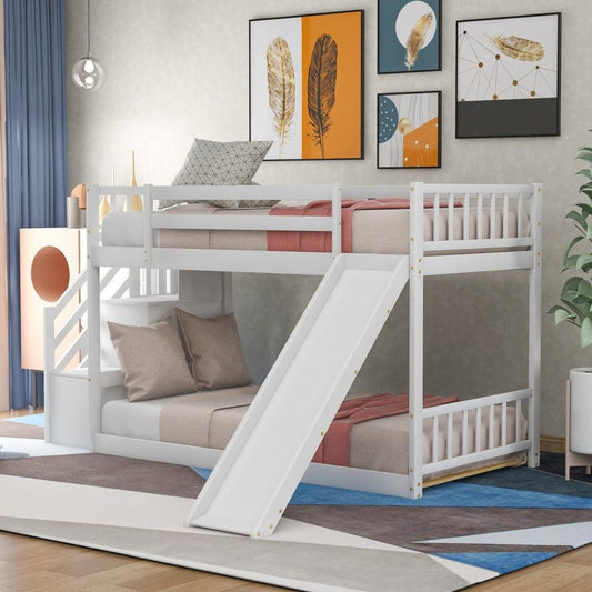 White Twin Over Twin Bunk Bed with Stairway and Slide - FurniFindUSA