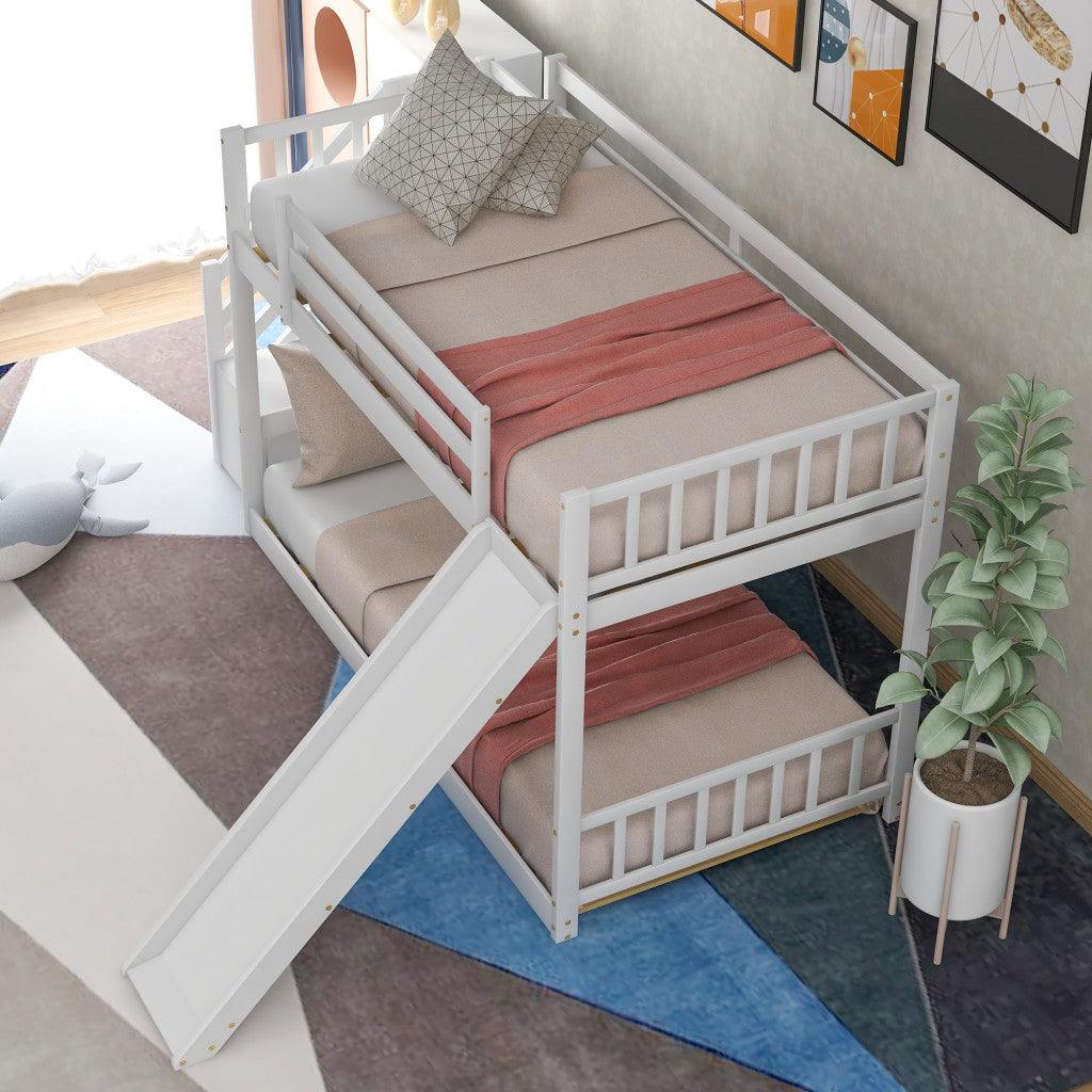 White Twin Over Twin Bunk Bed with Stairway and Slide - FurniFindUSA