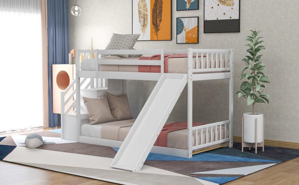 White Twin Over Twin Bunk Bed with Stairway and Slide - FurniFindUSA