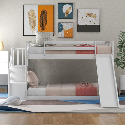 White Twin Over Twin Bunk Bed with Stairway and Slide - FurniFindUSA