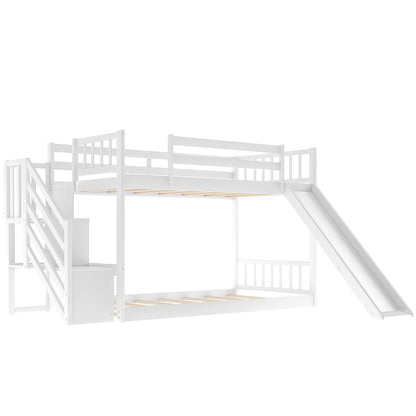 White Twin Over Twin Bunk Bed with Stairway and Slide - FurniFindUSA