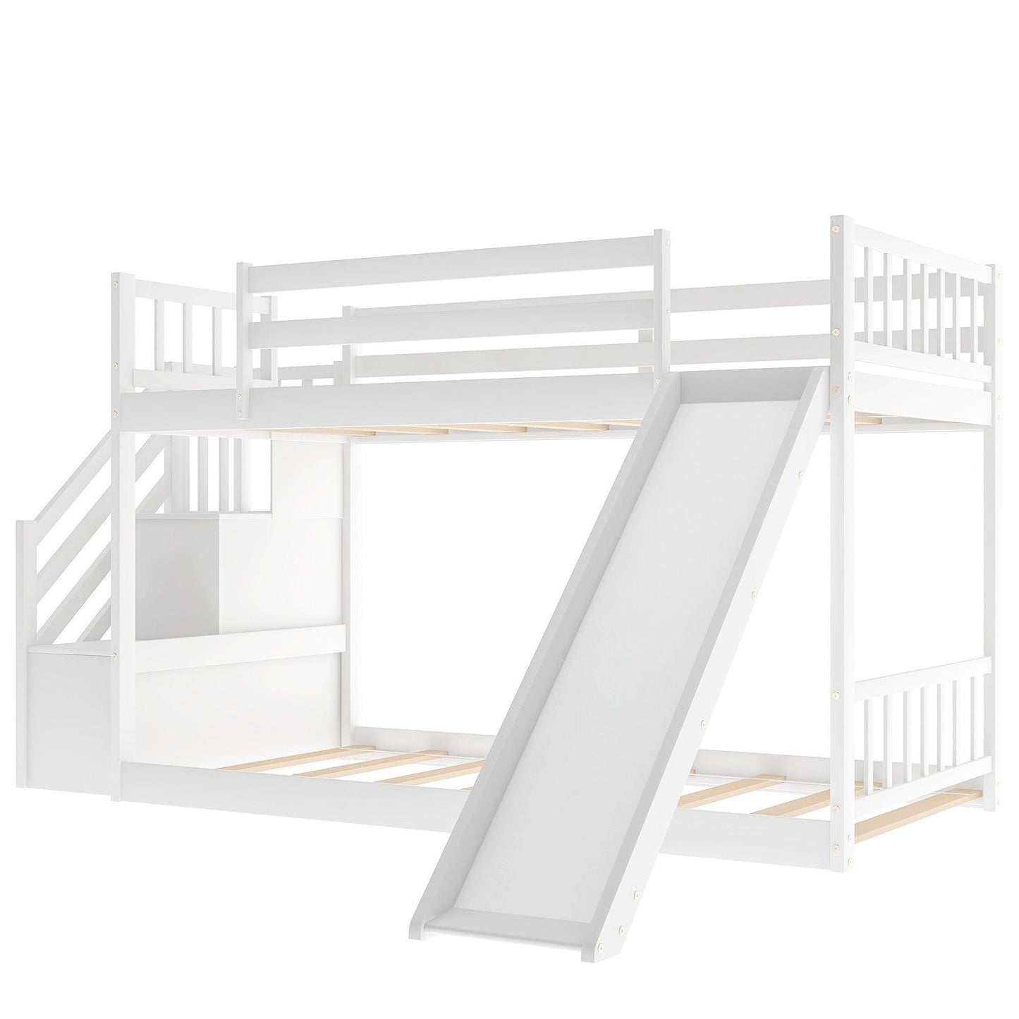 White Twin Over Twin Bunk Bed with Stairway and Slide - FurniFindUSA