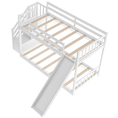 White Twin Over Twin Bunk Bed with Stairway and Slide - FurniFindUSA