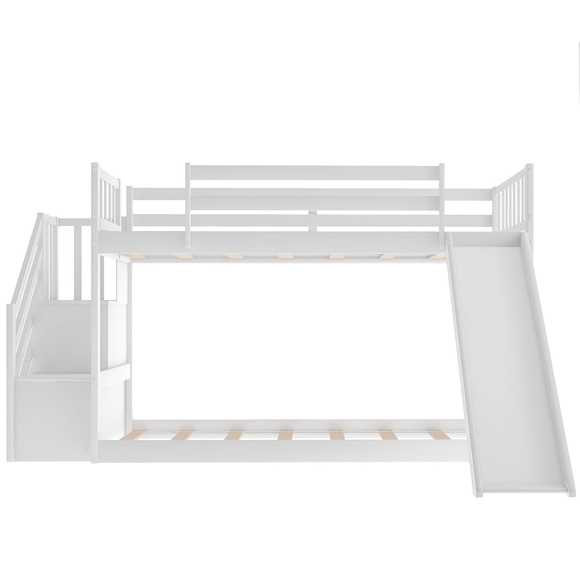 White Twin Over Twin Bunk Bed with Stairway and Slide - FurniFindUSA