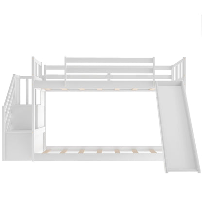 White Twin Over Twin Bunk Bed with Stairway and Slide - FurniFindUSA