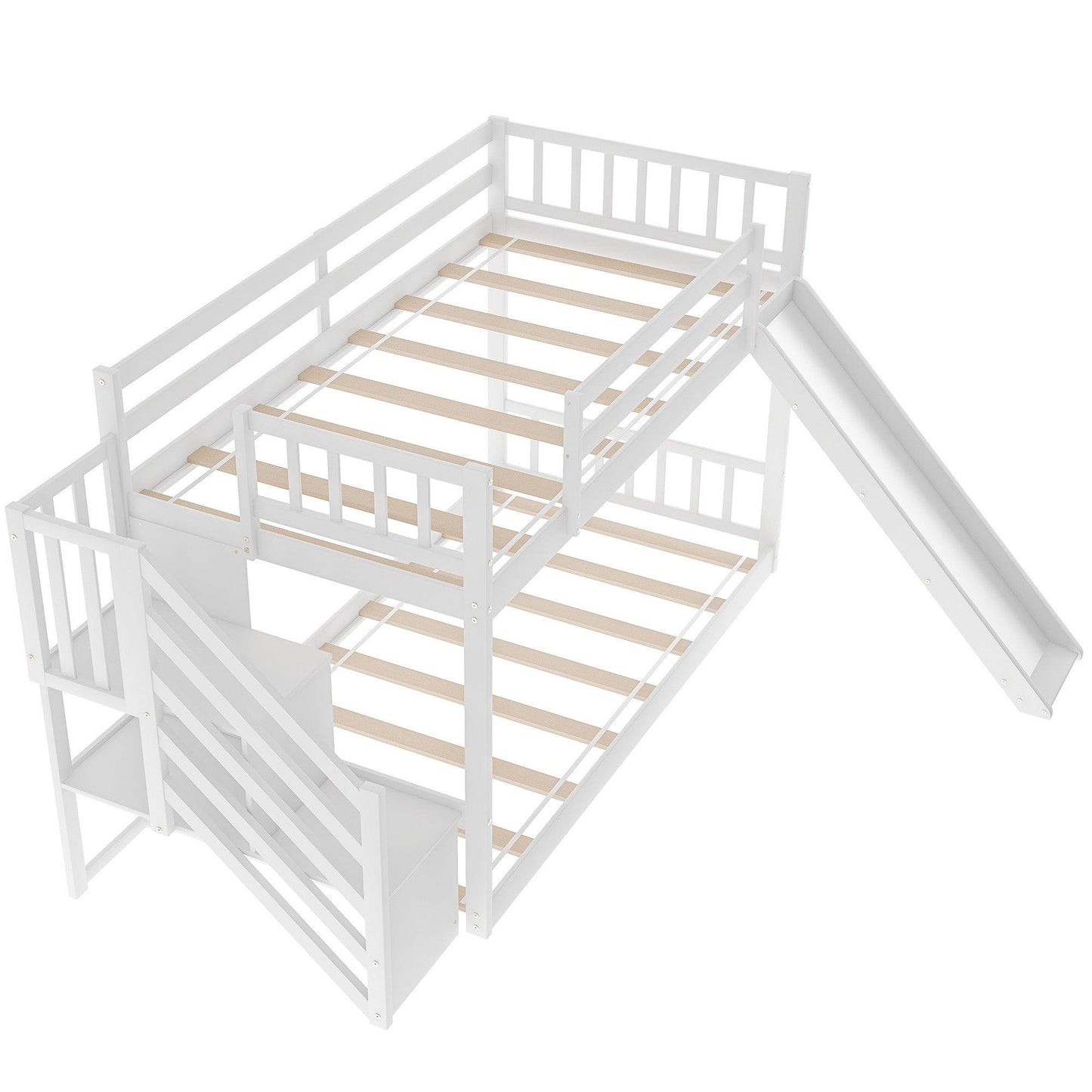 White Twin Over Twin Bunk Bed with Stairway and Slide - FurniFindUSA