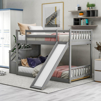 Gray Twin Over Twin Bunk Bed with Stairway and Slide - FurniFindUSA