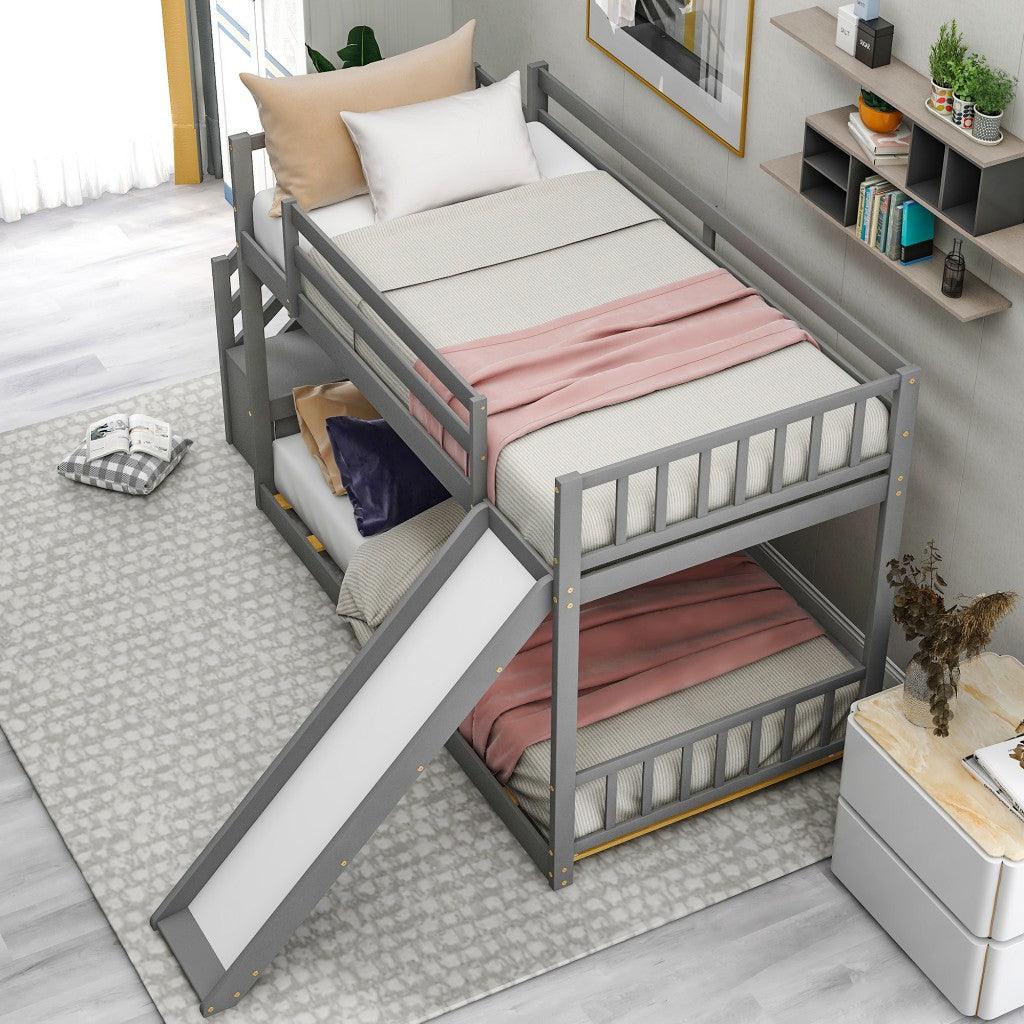 Gray Twin Over Twin Bunk Bed with Stairway and Slide - FurniFindUSA