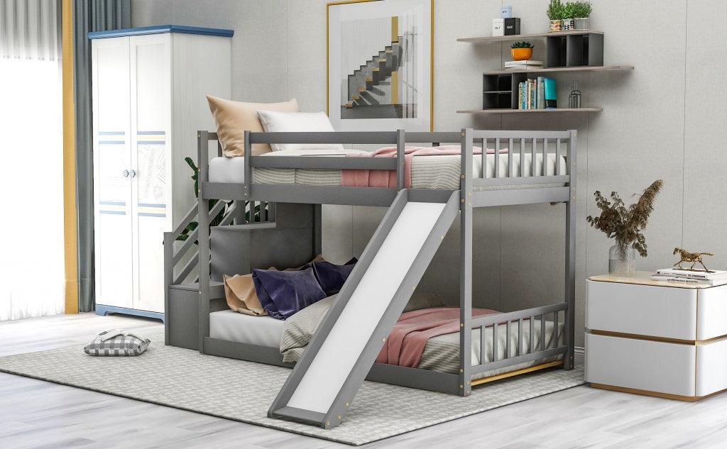 Gray Twin Over Twin Bunk Bed with Stairway and Slide - FurniFindUSA