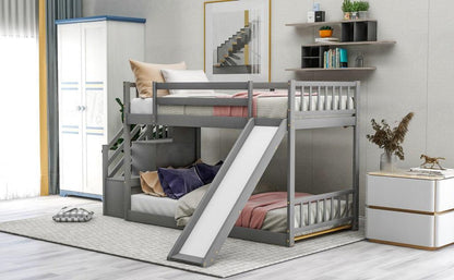 Gray Twin Over Twin Bunk Bed with Stairway and Slide - FurniFindUSA