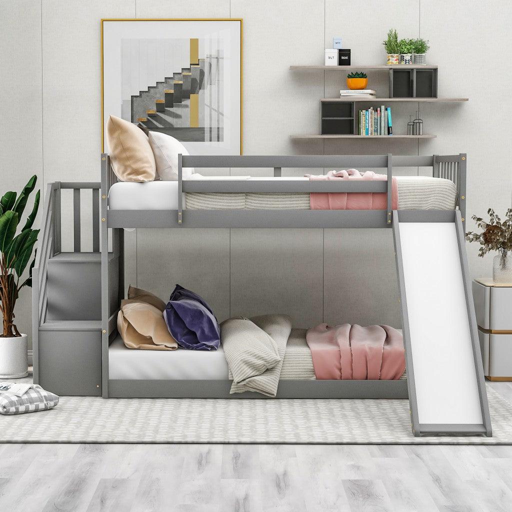 Gray Twin Over Twin Bunk Bed with Stairway and Slide - FurniFindUSA