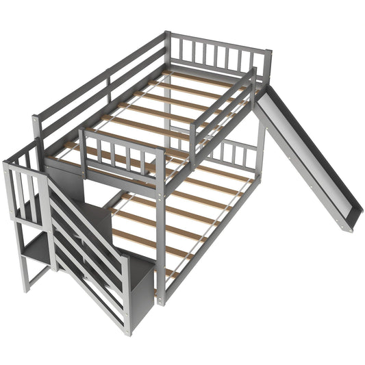 Gray Twin Over Twin Bunk Bed with Stairway and Slide - FurniFindUSA