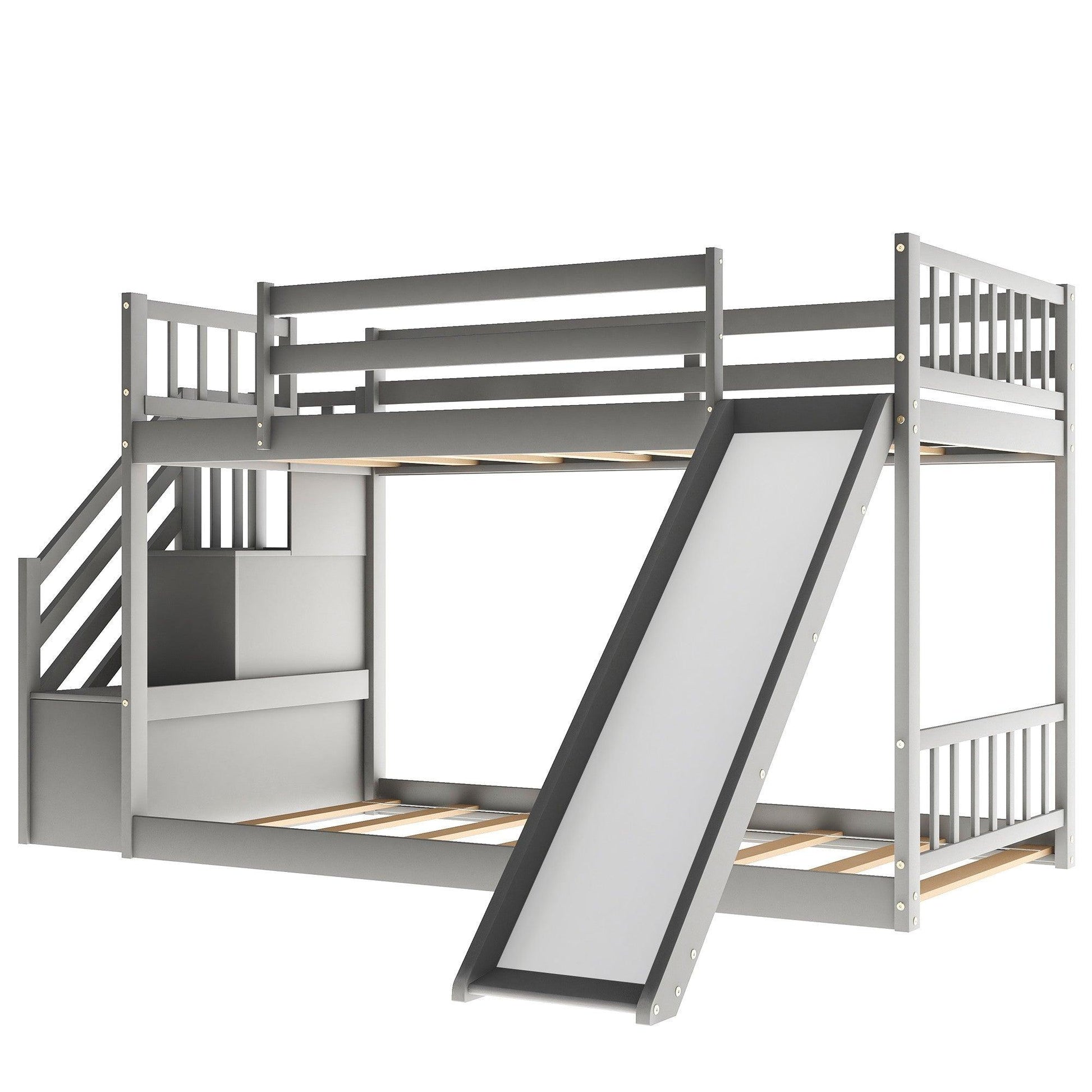 Gray Twin Over Twin Bunk Bed with Stairway and Slide - FurniFindUSA