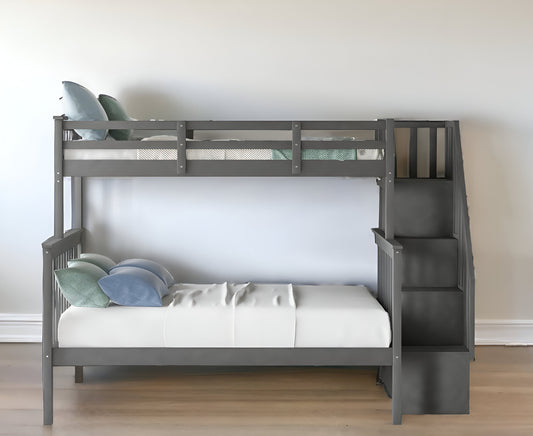 Gray Twin Over Full Contemporary Bunk Bed With Stairs And Shelves