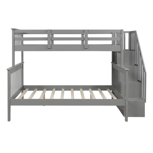 Gray Twin Over Full Contemporary Bunk Bed With Stairs And Shelves - FurniFindUSA