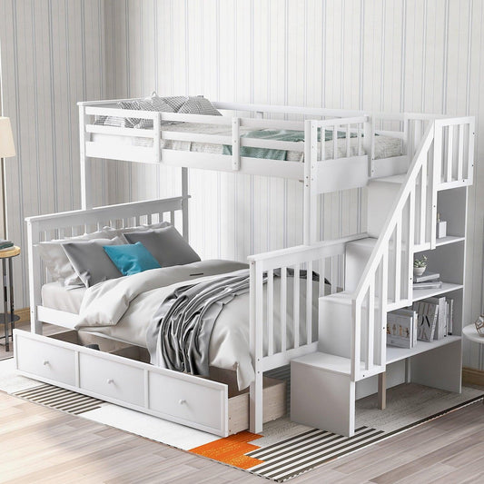 White Twin Over Full Contemporary Bunk Bed With Stairs And Shelves - FurniFindUSA