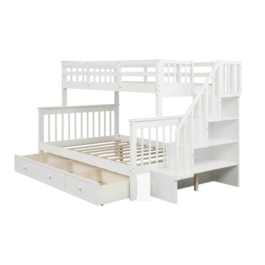 White Twin Over Full Contemporary Bunk Bed With Stairs And Shelves - FurniFindUSA