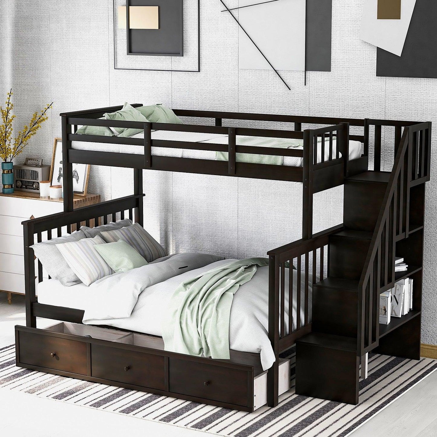 Espresso Twin Over Full Contemporary Bunk Bed With Stairs And Shelves - FurniFindUSA