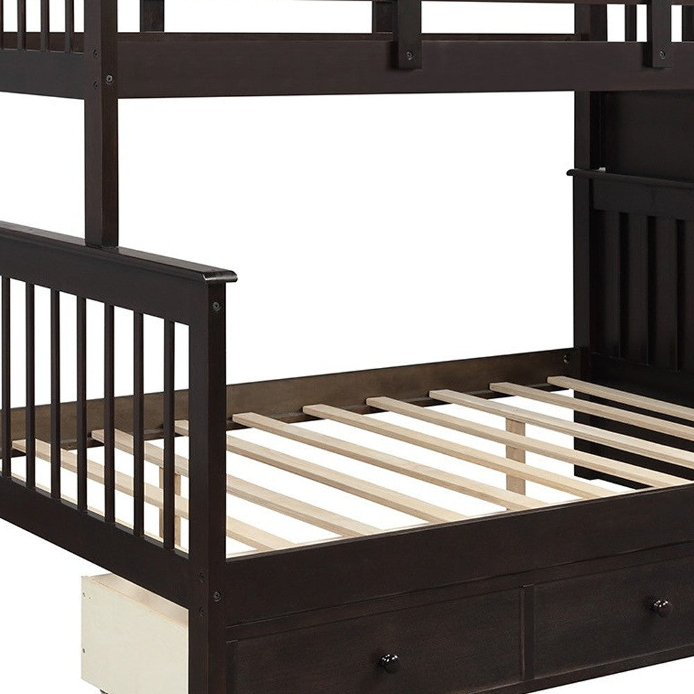 Espresso Twin Over Full Contemporary Bunk Bed With Stairs And Shelves