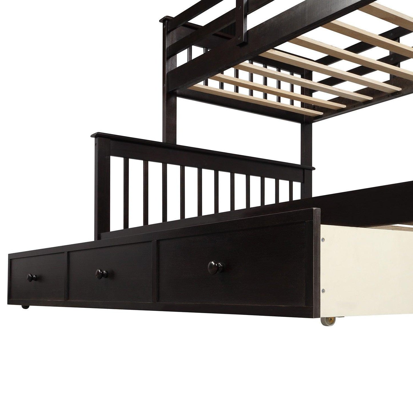 Espresso Twin Over Full Contemporary Bunk Bed With Stairs And Shelves - FurniFindUSA