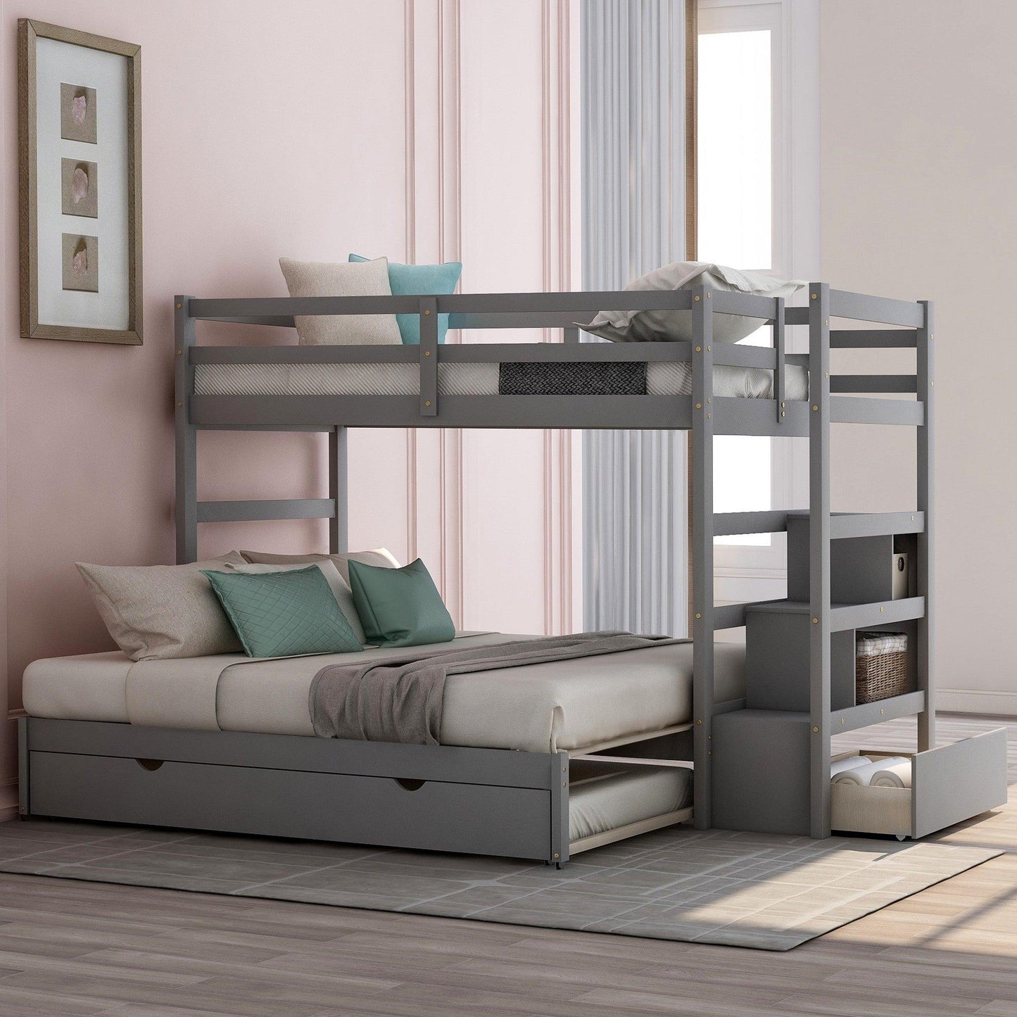 Gray Twin Over Twin Contemporary Bunk Bed With Stairs - FurniFindUSA