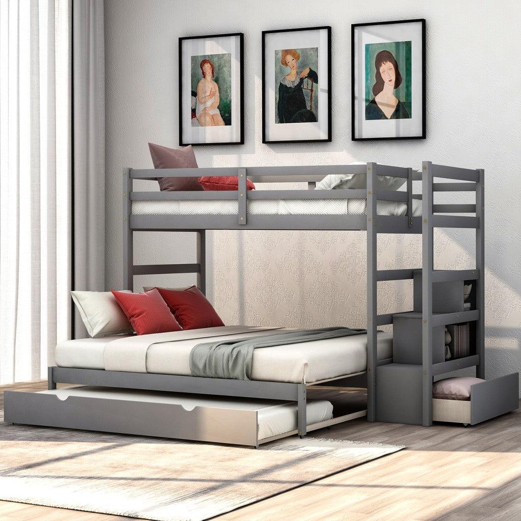 Gray Twin Over Twin Contemporary Bunk Bed With Stairs - FurniFindUSA