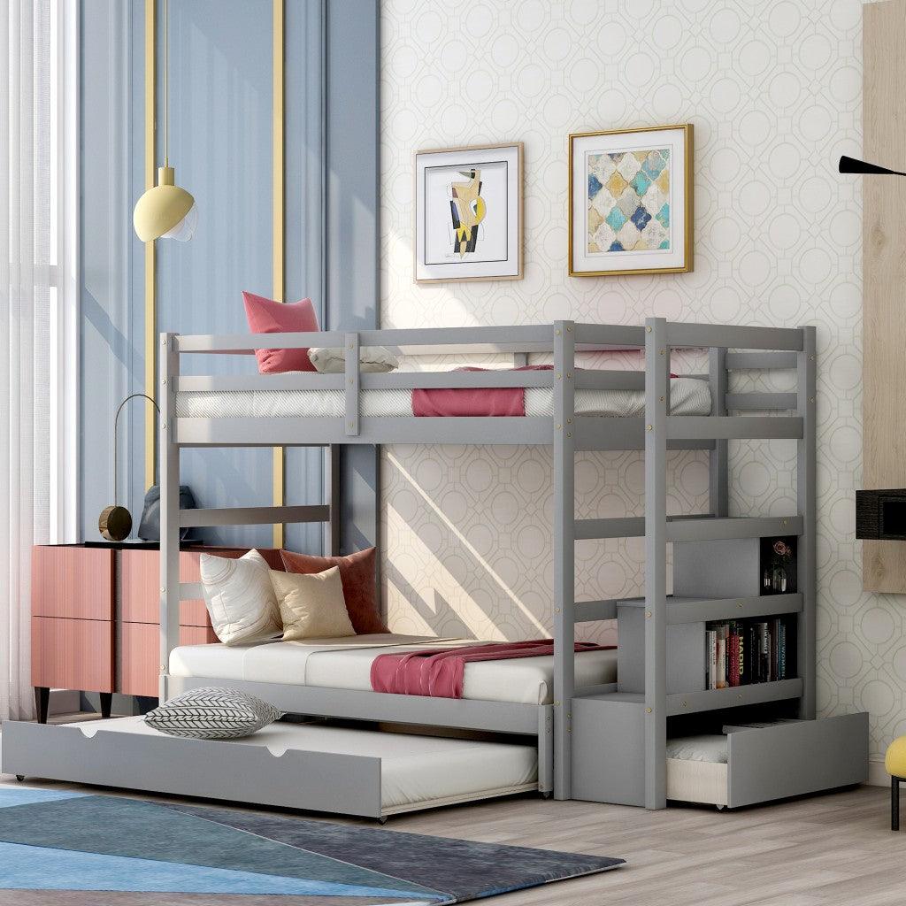 Gray Twin Over Twin Contemporary Bunk Bed With Stairs - FurniFindUSA