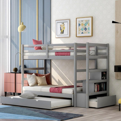 Gray Twin Over Twin Contemporary Bunk Bed With Stairs - FurniFindUSA