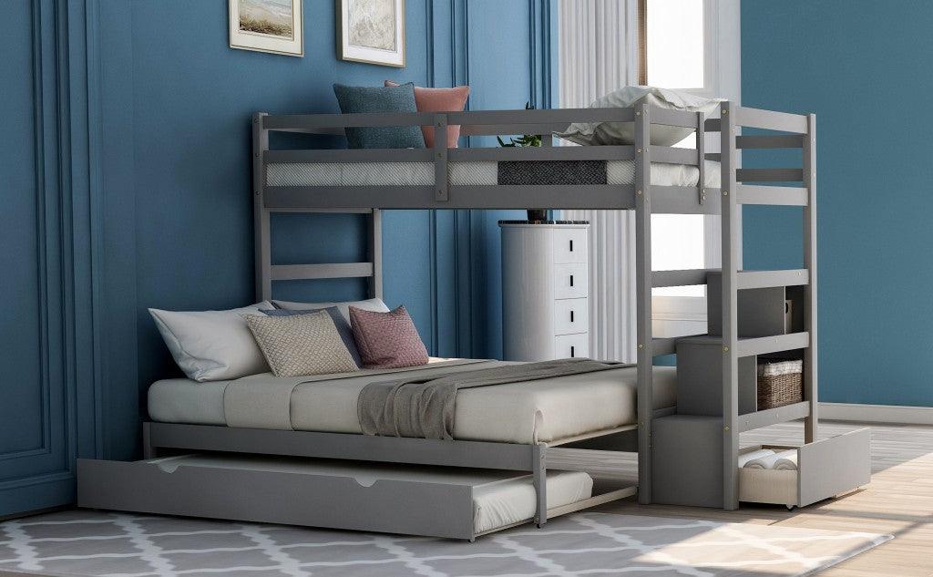 Gray Twin Over Twin Contemporary Bunk Bed With Stairs - FurniFindUSA