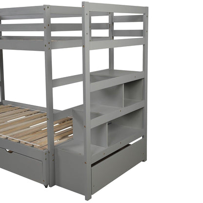 Gray Twin Over Twin Contemporary Bunk Bed With Stairs - FurniFindUSA