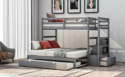 Gray Twin Over Twin Contemporary Bunk Bed With Stairs - FurniFindUSA