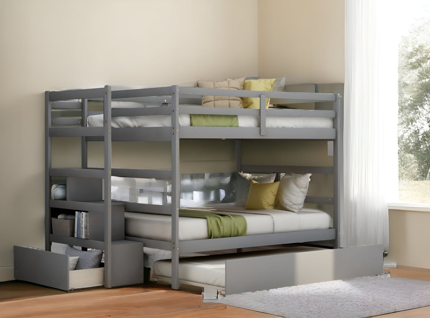 Gray Full Over Full Contemporary Bunk Bed With Stairs