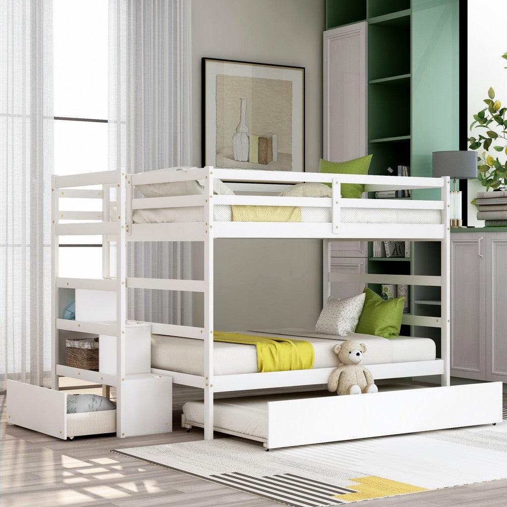 White Full Over Full Contemporary Bunk Bed With Stairs - FurniFindUSA